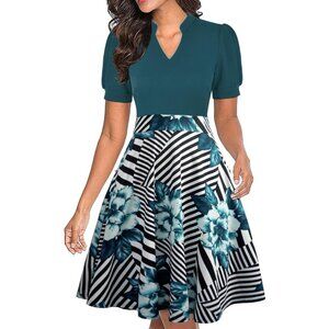 Women Green+floral Short Puff Sleeve Flare Semi-Formal Summer Dress With Pockets